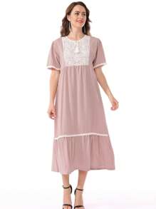 蕾絲拼接荷葉邊娃娃裙 - 淺粉色 - 查看 1