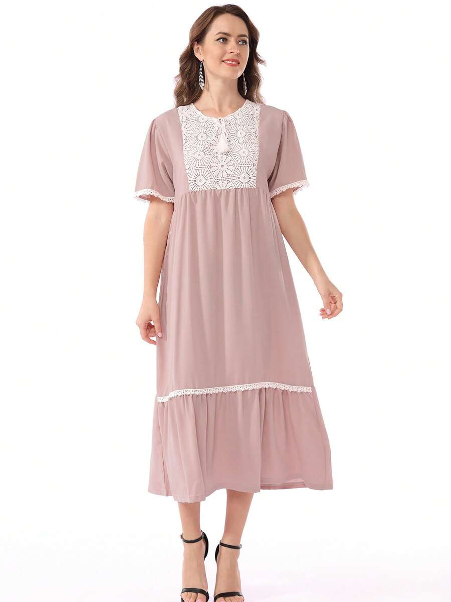 蕾絲拼接荷葉邊娃娃裙 - 淺粉色 - 查看 1