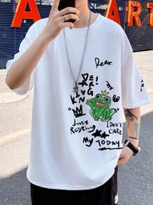 Manfinity 男士卡通和標語圖形垂墜肩寬鬆t恤 - 白色 - 查看 1