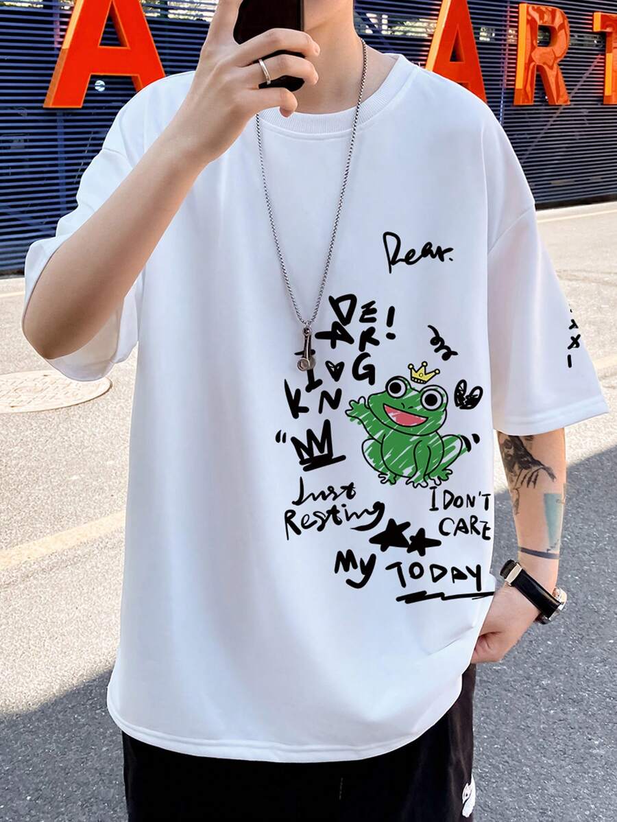 Manfinity 男士卡通和標語圖形垂墜肩寬鬆t恤 - 白色 - 查看 1