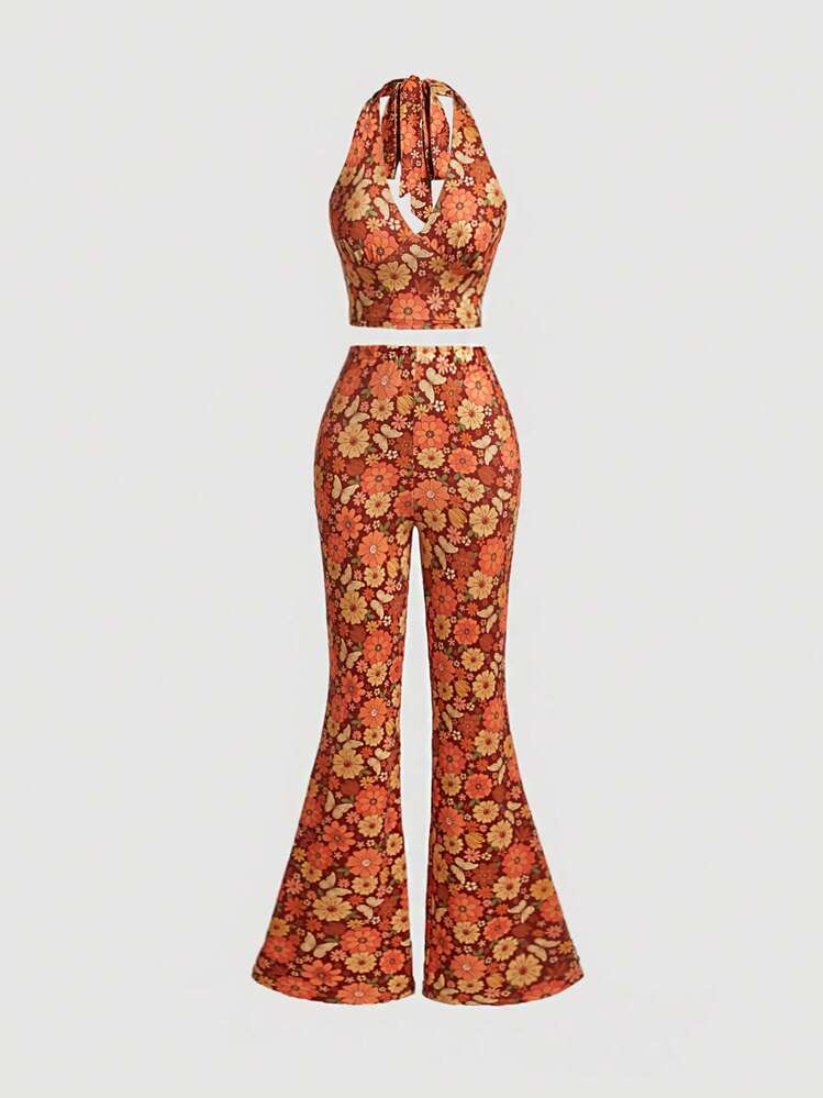 SHEIN MOD Imprimé Floral Dos-Nu À Nœud Top Ras-Du-Cou & Pantalon Évasé