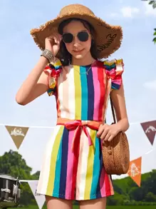 SHEIN Teen Girls Colourblock Striped Ruffle Trim Belted Romper - Multicolor - View 1