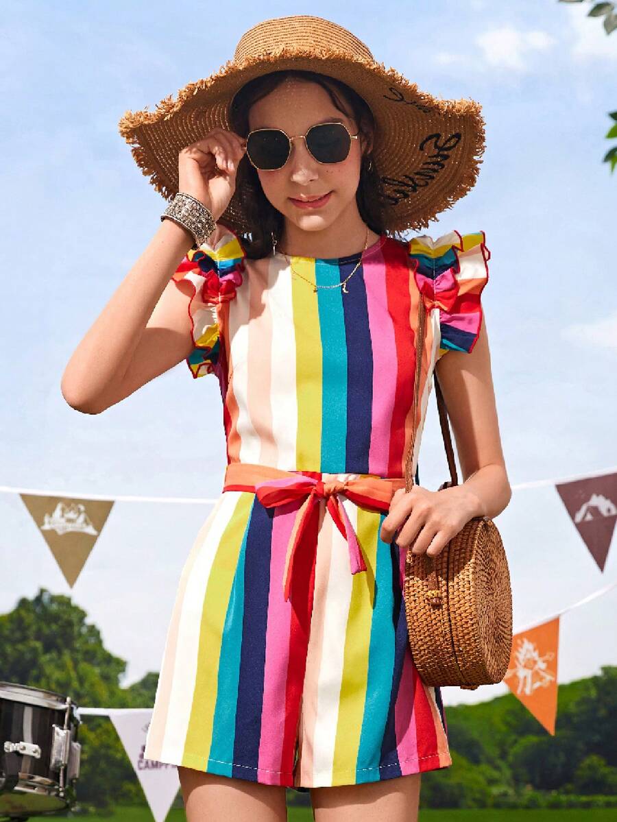 SHEIN Teen Girls Colourblock Striped Ruffle Trim Belted Romper - Multicolor - View 1