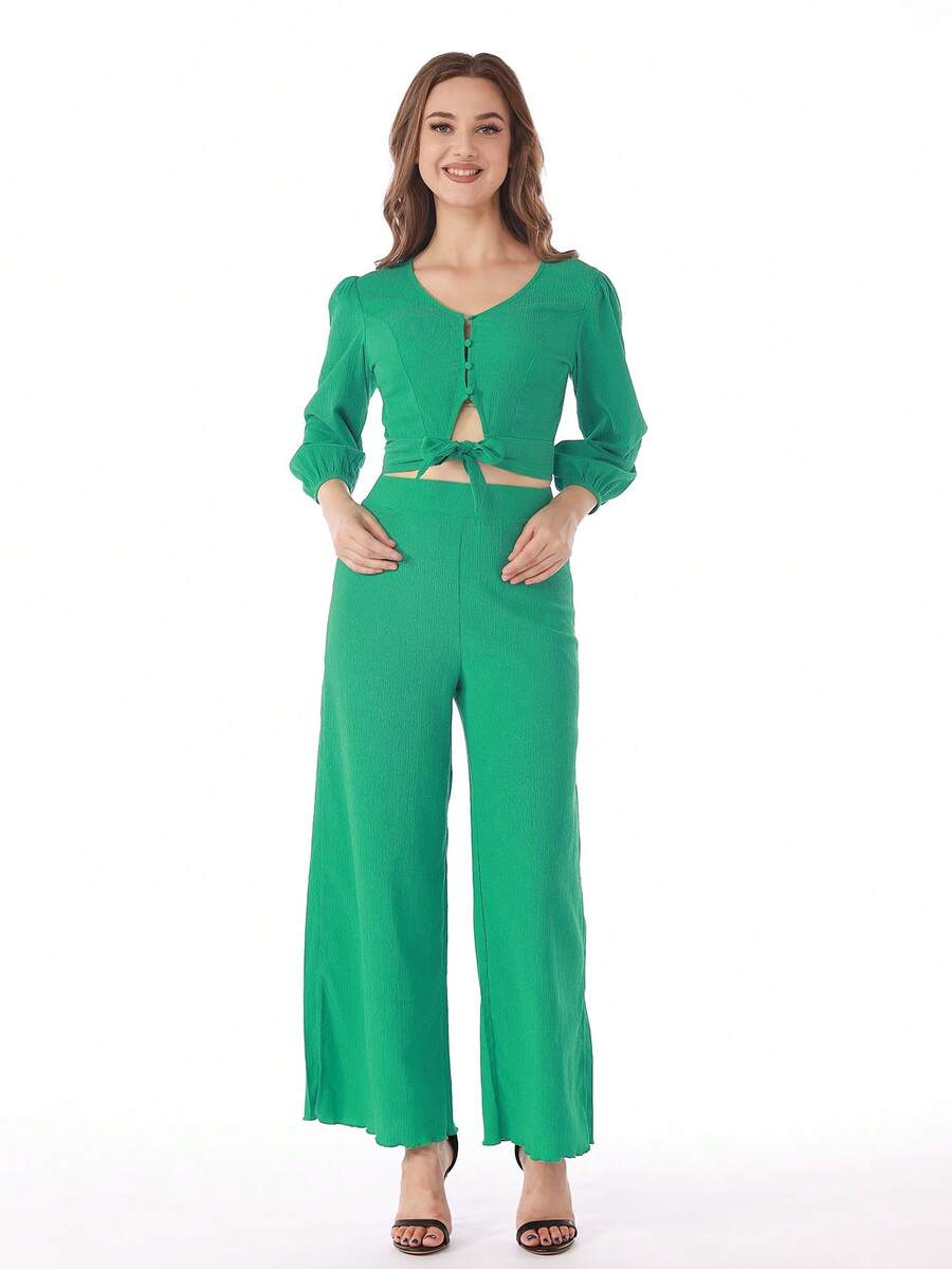 Button Front Crop Top & Wide Leg Pants - Green - View 1