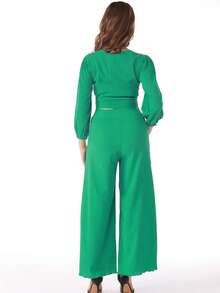 Button Front Crop Top & Wide Leg Pants - Green - View 2