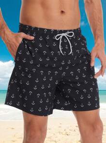 Hombres Shorts de natación con estampado de ancla de cintura con cordón - Negro - Ver 1
