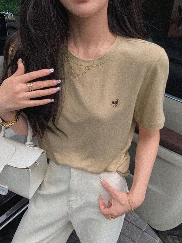 Animal Embroidery Round Neck Tee