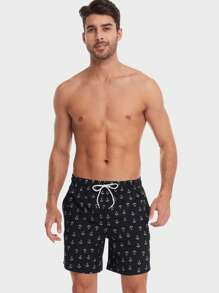 Hombres Shorts de natación con estampado de ancla de cintura con cordón - Negro - Ver 3
