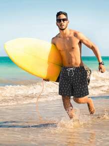 Hombres Shorts de natación con estampado de ancla de cintura con cordón - Negro - Ver 4