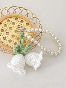 Blue Hydrangea Flower Pearl Chain Keychain Purse/Bag Decoration Key Chain Charms Crochet Key Lanyard - White - View 5