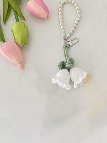 Blue Hydrangea Flower Pearl Chain Keychain Purse/Bag Decoration Key Chain Charms Crochet Key Lanyard - White - View 7