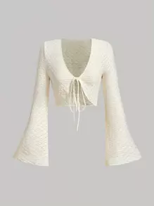 SHEIN MOD 纯色系带前 V 领喇叭袖短款上衣 - 米色 - 查看 1