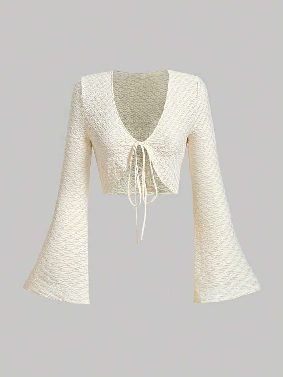 SHEIN MOD 纯色系带前 V 领喇叭袖短款上衣 - 米色 - 查看 1