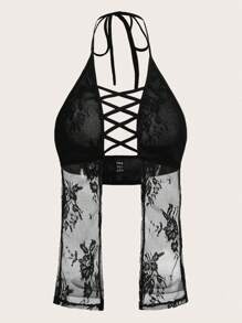 SHEIN ICON Crisscross Front Lace Halter Top - Black - View 1