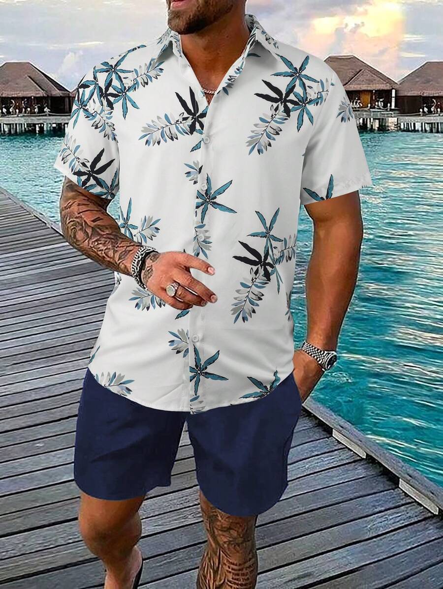 Manfinity RSRT Bộ hai mảnh Nam Dây kéo Túi Nút phía trước Thực vật Boho - Xanh và trắng - Xem 1