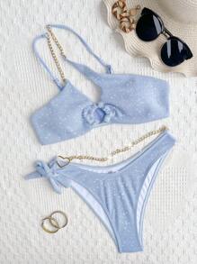 Graphic Print Ring Linked One Shoulder Bikini Set - Blue - View 4
