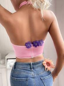 Solid Criss Cross Halter Neck Underwire Bra - Pink - View 3