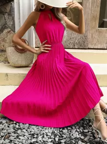 Breezaya Keyhole Neckline Pleated Hem Dress - Hot Pink - View 1
