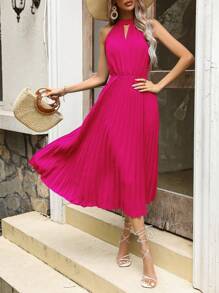 Breezaya Keyhole Neckline Pleated Hem Dress - Hot Pink - View 5
