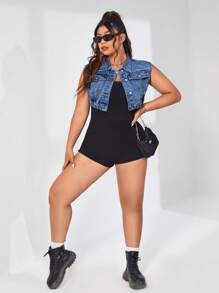 SHEIN EZwear 大碼翻蓋口袋短款馬甲牛仔夾克 - 中等水洗藍 - 查看 4