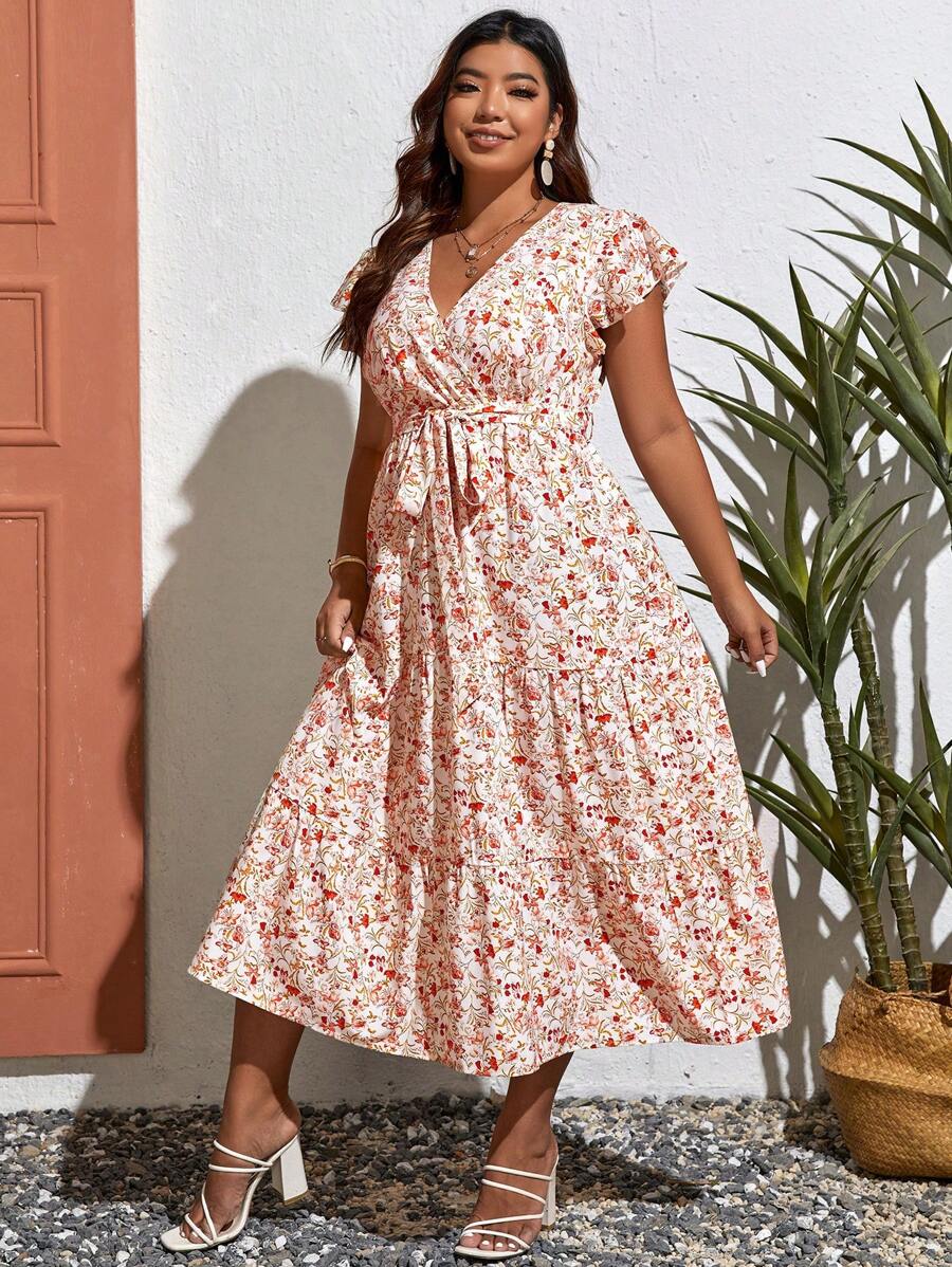 SHEIN VCAY 大碼波西米亞荷葉邊 交叉 腰帶小碎花連衣裙 - 彩色 - 查看 1