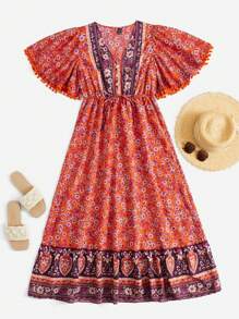 SHEIN VCAY Vestido con estampado floral de manga farol bajo con fruncido - Multicolor - Ver 1