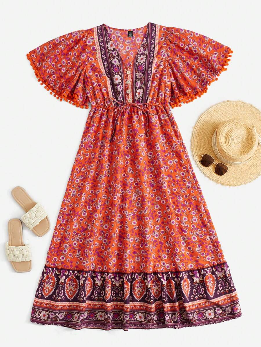 SHEIN VCAY Vestido con estampado floral de manga farol bajo con fruncido - Multicolor - Ver 1