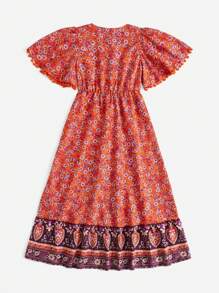 SHEIN VCAY Vestido con estampado floral de manga farol bajo con fruncido - Multicolor - Ver 2