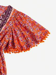 SHEIN VCAY Vestido con estampado floral de manga farol bajo con fruncido - Multicolor - Ver 5