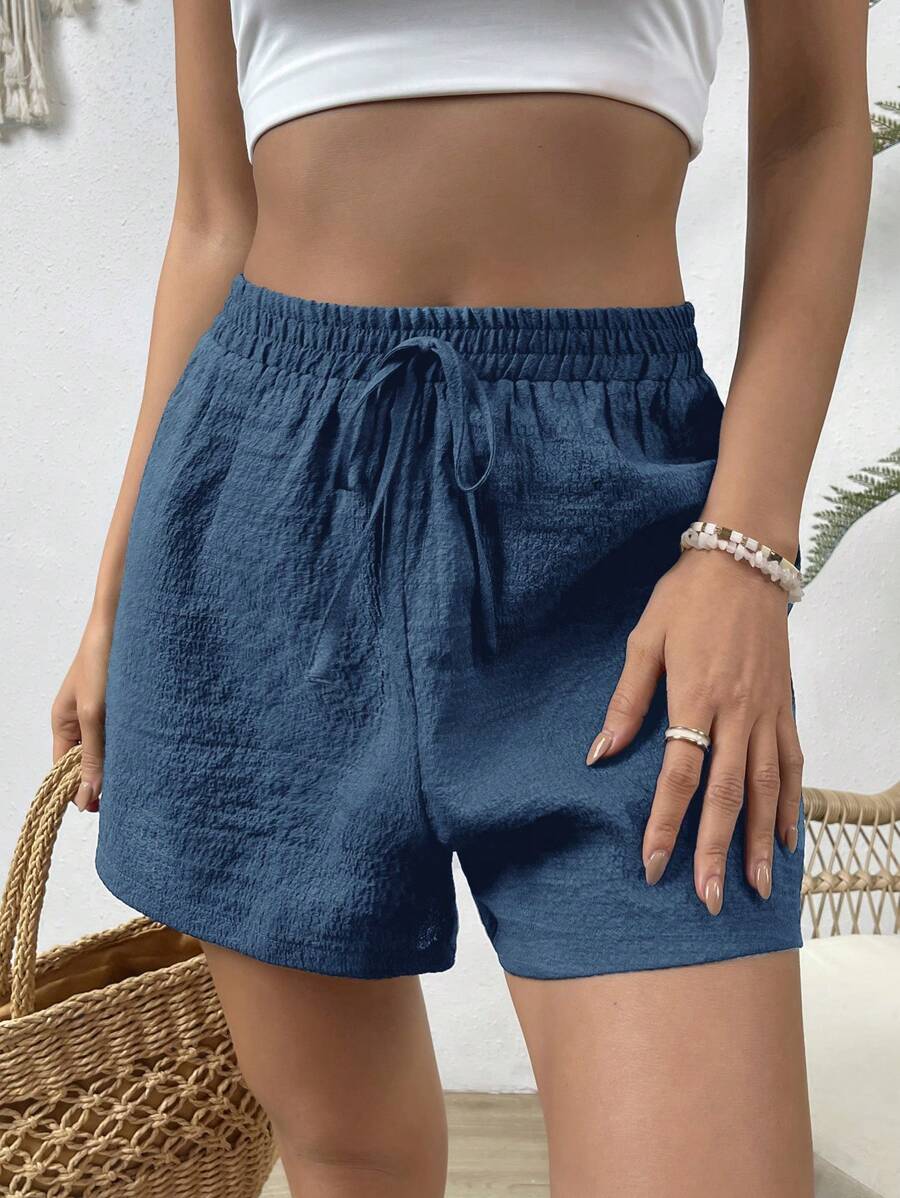 SHEIN VCAY Solid Knot Waist Wide Leg Shorts - Blue - View 1