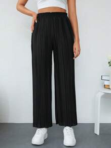 RueChic Solid Plisse Wide Leg Trousers - Black - View 1