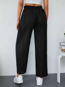 RueChic Solid Plisse Wide Leg Trousers - Black - View 2