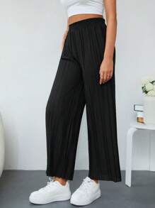 RueChic Solid Plisse Wide Leg Trousers - Black - View 3