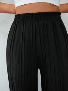 RueChic Solid Plisse Wide Leg Trousers - Black - View 4