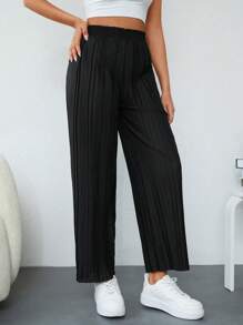 RueChic Solid Plisse Wide Leg Trousers - Black - View 5