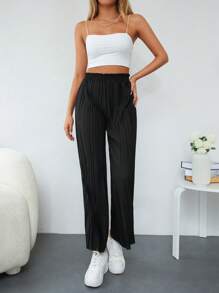 RueChic Solid Plisse Wide Leg Trousers - Black - View 6