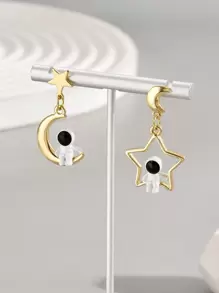 2pcs Simple Astronaut Asymmetric Star & Moon Combination Earrings For Women - Multicolor - View 2