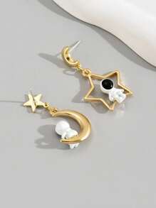 2pcs Simple Astronaut Asymmetric Star & Moon Combination Earrings For Women - Multicolor - View 4
