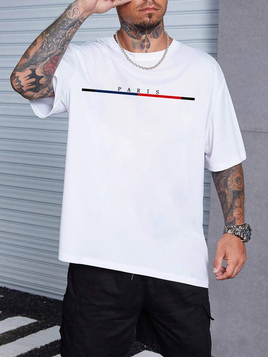 Manfinity Homme Hombres Camiseta con estampado de letra - Blanco - Ver 1