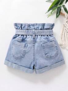 Toddler Girls Quần Shorts Denim Bị tách Quần paper-bag màu trơn - Rửa nhẹ - Xem 2