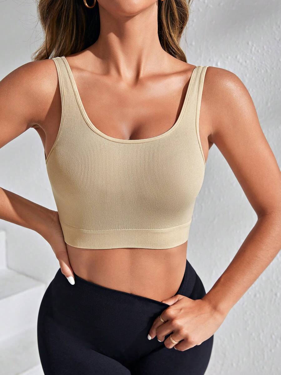 Easithlete Solid Crop Sports Tank Top Gym Top Fitted Shirt - Brown - View 1