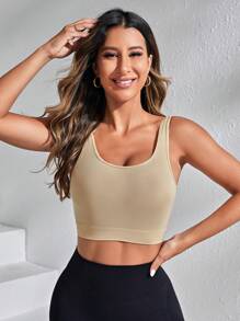 Easithlete Solid Crop Sports Tank Top Gym Top Fitted Shirt - Brown - View 3