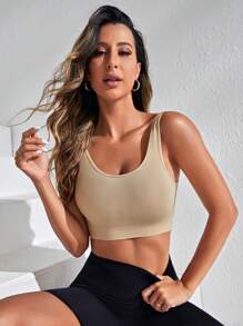 Easithlete Solid Crop Sports Tank Top Gym Top Fitted Shirt - Brown - View 4