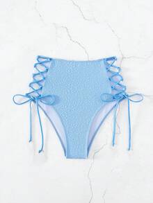 Lace Up Side High Waisted Bikini Bottom - Baby Blue - View 3