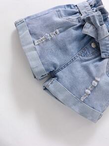 Toddler Girls Quần Shorts Denim Bị tách Quần paper-bag màu trơn - Rửa nhẹ - Xem 3