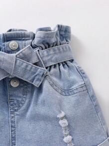 Toddler Girls Quần Shorts Denim Bị tách Quần paper-bag màu trơn - Rửa nhẹ - Xem 5