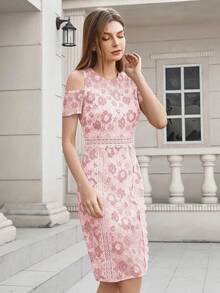 Floral Cold Shoulder Guipure Lace Insert Dress - Pink - View 3