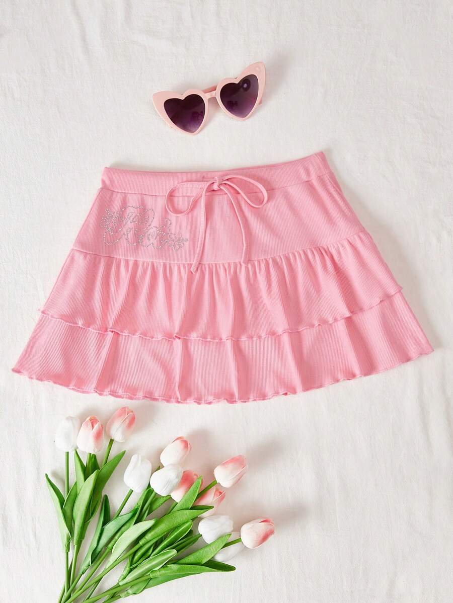 SHEIN Qutie Rhinestone Detail Drawstring Waist Two Layer Hem Skirt - Baby Pink - View 1