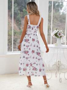 Aveloria Vestido de tirantes con estampado floral al azar con encaje en contraste fruncido trasero bajo con fruncido