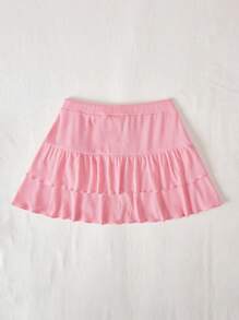 SHEIN Qutie Rhinestone Detail Drawstring Waist Two Layer Hem Skirt - Baby Pink - View 2